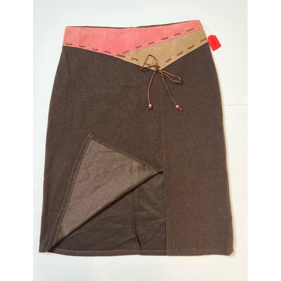 Y2K Monteau Chocolate Brown Pink Faux Suede Knee Length Skirt Sz L Women - Picture 4 of 9
